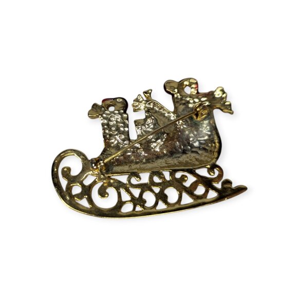 Christmas Sled Brooch Holiday Red Green Enamel Rhinestone Sleigh Vintage - Picture 2 of 4